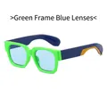 Fashion square sunglasses with fluorescent green frame, blue lenses, and contrast temples - Green Frame Blue Lens