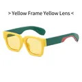Retro thick square sunglasses with yellow frame, yellow lenses and dark green temples - Yellow Frame Yellow Lens