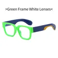 Fluorescent green square frame sunglasses with blue arms and clear lenses for outdoor style - Green Frame White Lens