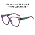 Fashionable square sunglasses with transparent purple frames and dark green temples - Transparent Purple Frame Clear Lens