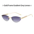 Occhiali da sole cat-eye senza montatura con stanghette dorate borchiate e lenti grigie - Montura Oro Lenti Sfumate Grigie