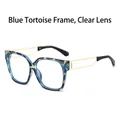 Square blue tortoiseshell sunglasses with golden hollow-out metal temples for women - Blue Stone Grain Frame White Lens