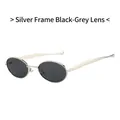 Oval silver metal sunglasses with black grey lenses and minimalist sleek temples - Silver Frame Black Grey Lens