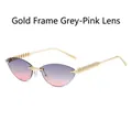 Cat eye frameless sunglasses with gold rivet metal temples and grey pink gradient lenses - Gold Frame Gray Pink Lens