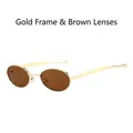 Oval retro sunglasses with gold metal frame and dark brown lenses for fashion wear - Gold Frame Tea Lens