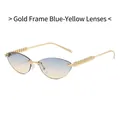 Cat-eye rimless sunglasses with gold frame and blue-yellow gradient lenses for outdoors - Gold Frame Blue Yellow Gradient Lens