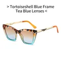 Cat eye sunglasses with leopard and blue frames, tea-blue gradient lenses, and gold temples - Leopard Blue Frame Tea Blue Gradient Lens