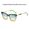 Cat eye sunglasses with leopard orange frames, blue-green lenses and gold metal temples - Leopard Orange Frame Blue Green Gradient Lens