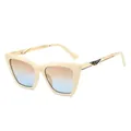 Cat eye sunglasses in beige frame with tea blue gradient lenses and gold metal temples - Beige Frame Brown Blue Lens
