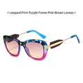 Fashion oversized leopard purple sunglasses with golden metal temples and gradient pink lens - Purple Leopard Frame Pink Tea Lenses