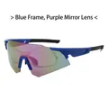 Blauwe wielrenbril met paars gespiegelde glazen en inzetstuk voor bijziendheid - Blauw Frame Paarse Spiegel Lenzen