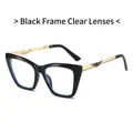Cat eye glasses with black glossy frame and gold metal temples featuring clear lenses - Black Frame Clear Lenses