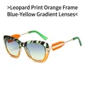 Fashion leopard and orange gradient sunglasses with blue-yellow lenses and gold temples - Orange Leopard Frame Blue Yellow Lenses