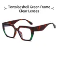 Tortoiseshell and green square large frame glasses with clear lenses for a trendy look - Tortoise Green Frame Clear Lenses