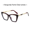 Cat eye sunglasses with dark red frames and golden metal geometric cutout temples - Bordeaux Frame Clear Lenses