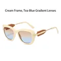 Chic cream white oversized sunglasses with tea-blue gradient lenses and arrow detail - Beige Frame Brown Blue Lens
