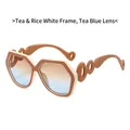Fashion hexagon sunglasses with rice white frame and tea blue gradient lenses - Tea & Cream White Frame Brown-Blue Gradient Lens