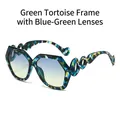 Fashion oversized sunglasses featuring green leopard print frames and blue gradient lenses - Green Leopard Frame Blue-Green Gradient Lens
