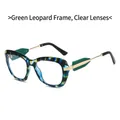 Green leopard print oversized sunglasses with gold metal temples and clear lenses - Green Leopard Frame White Lens