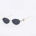 Retro oval rimless sunglasses with gold frames, grey lenses and diamond cross detail - Gold Frame Black Grey