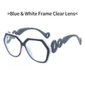 Blue and white hexagonal geometric sunglasses with unique triple-link chain temples - Blue White Frame Clear Lens