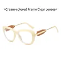 Fashionable cream square cat-eye frame sunglasses with unique metal and brown temple design - Rice White Frame Clear Lens