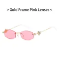 Frameless polygonal sunglasses with gold frame, pink lenses and rhinestone-set temples - Gold Frame Pink Lenses