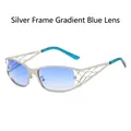 Y2K narrow silver frame sunglasses with hollow metal temples and gradient blue lenses - Silver Frame Gradient Blue Lens