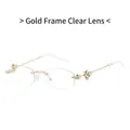 Luxury rimless gold frame sunglasses with clear lenses and sparkling clover crystals - Gold Frame White Lens