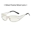 Y2K silver metal hollow frame sunglasses with reflective mercury lenses for women - Silver Frame Silver Mirror Lens