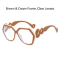 Fashionable oversized geometric sunglasses in tea brown and cream white dual-tone finish - Tea & Cream White Frame Clear Lens