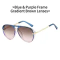 Blue-purple aviator sunglasses with gradient tea lenses and sleek gold metal temples - Blue Purple Frame Gradient Tea Lens