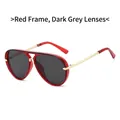 Retro aviator sunglasses with translucent red frames, dark grey lenses, and gold temples - Red Frame Dark Grey Lens