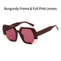 Polygonal sunglasses with deep wine red frames, pink lenses, and gold metal accents - Wine Red Frame / Pink Lens