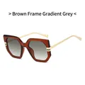 Retro oversized square tea frame sunglasses with gradient grey lenses and gold metal temples - Tea Frame Gradient Grey Lens