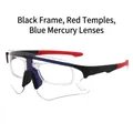 Photochromic cycling sunglasses with black frame, red arms, and blue mercury lens - Black Frame Red Arms Blue Mercury Lens