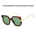 Oversized retro tortoise frame sunglasses with green lenses and gold metal temples - Tortoise Frame Green Lens