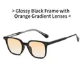 Glossy black TR90 square sunglasses with gradient orange lenses and metal pin detail - Glossy Black Frame Gradient Orange Lens