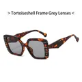 Retro oversized square tortoiseshell sunglasses with gray lenses and silver rivets - Tortoise Frame Gray Lens