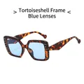 Fashion square tortoiseshell sunglasses with blue lenses and metal stud accents - Tortoise Frame Blue Lens