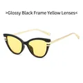 Retro cat-eye zonnebril met gepolijst zwart montuur, gele glazen en gouden metalen pootjes - Glanzend Zwart Frame Gele Lens