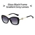 Cat eye sunglasses with glossy black frames, gradient grey lenses and golden metal temples - Glossy Black Frame Gradient Grey Lens