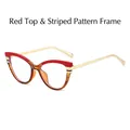 Cat eye blue light glasses featuring a vibrant red and striped frame with gold metal temples - Upper Red Lower Striped Frame