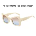 Creamy white oversized frame sunglasses with brown-blue gradient lenses and gold temple detail - Beige Frame Brown Blue Lens