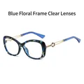 Chic blue floral pattern sunglasses with gold metal temples and clear lenses - Blue Stone Grain Frame White Lens