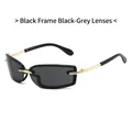 Frameless square sunglasses featuring black-grey lenses and golden metal temples - Black Frame Black Grey Lens