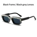 Gafas de sol rectangulares negras con lujosos diamantes de imitación y lentes grises - Montura Negra Lentes Gris Negro