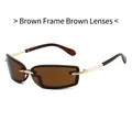 Retro rectangle rimless sunglasses with brown lenses and golden metal temples - Tea Frame Tea Lens