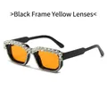 Gafas de sol cuadradas negras con lentes naranjas y grandes diamantes de imitación - Montura Negra Lentes Naranjas