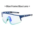 Deep blue sports cycling sunglasses with blue coated lens and green nose pads - Blue Frame Blue Lens